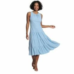 Womens London Times Jewel Neck Tiered Lace Dress