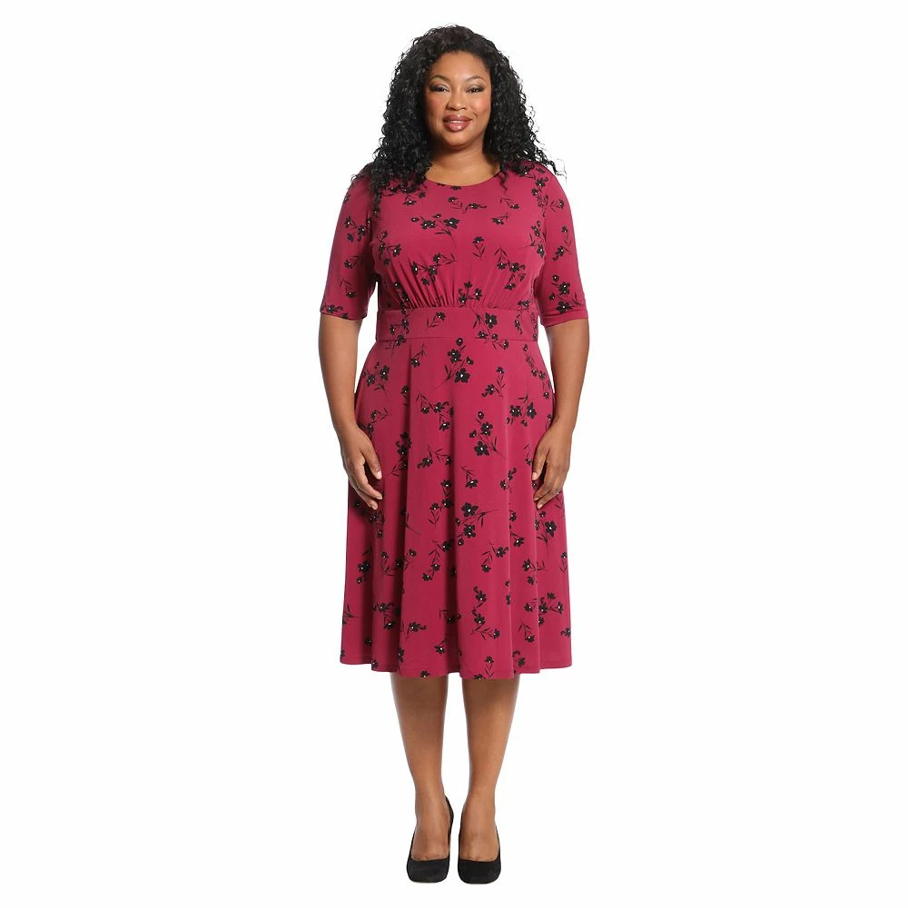 Plus Size London Times Three Quarter Sleeve Inset Waist Midi Dress