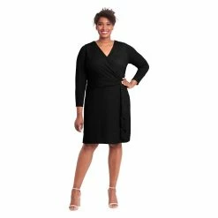 Plus Size London Times Shirred Surplice Side Flounce Long Sleeve Dress