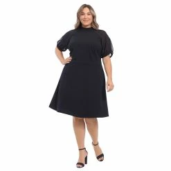 Plus Size London Times Mockneck Sheer Raglan Fit & Flare Dress