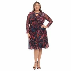 Plus Size London Times Twist Neck Shirred Midi Dress