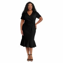 Plus Size London Times V-Neck Twist Flounce Midi Dress
