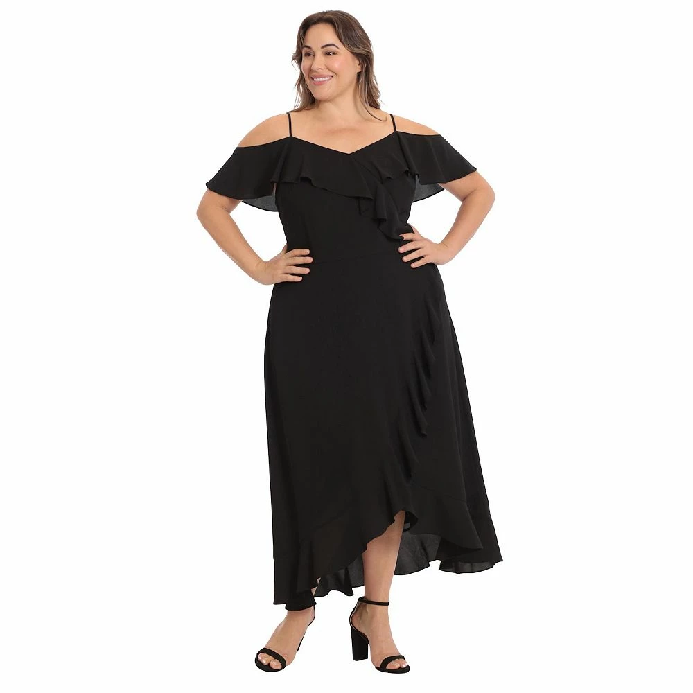 Plus Size London Times Cold Shoulder Ruffle Faux Wrap Dress - Image 5