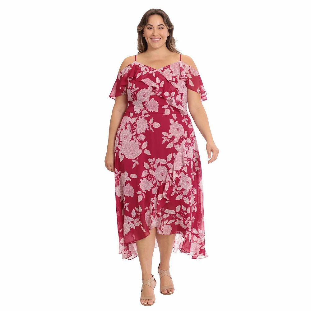 Plus Size London Times Cold Shoulder Ruffle Faux Wrap Dress - Image 3