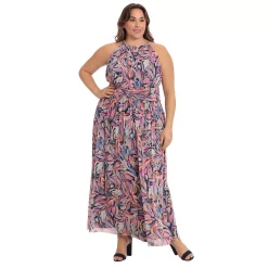 Plus Size London Times Ruched Waist Mesh Maxi Dress