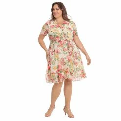 Plus Size London Times Faux Wrap Ruffle Midi Dress