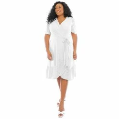 Plus Size London Times Eyelet Ruffle Faux Wrap Dress