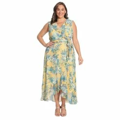 Plus Size London Times Side Tie Ruffle Faux Wrap Dress