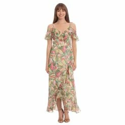 Petite London Times Print Cold Shoulder Ruffle Maxi Dress