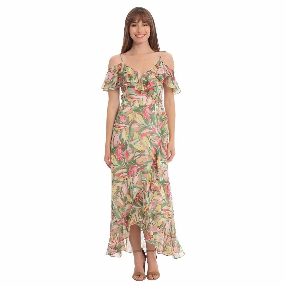Petite London Times Print Cold Shoulder Ruffle Maxi Dress