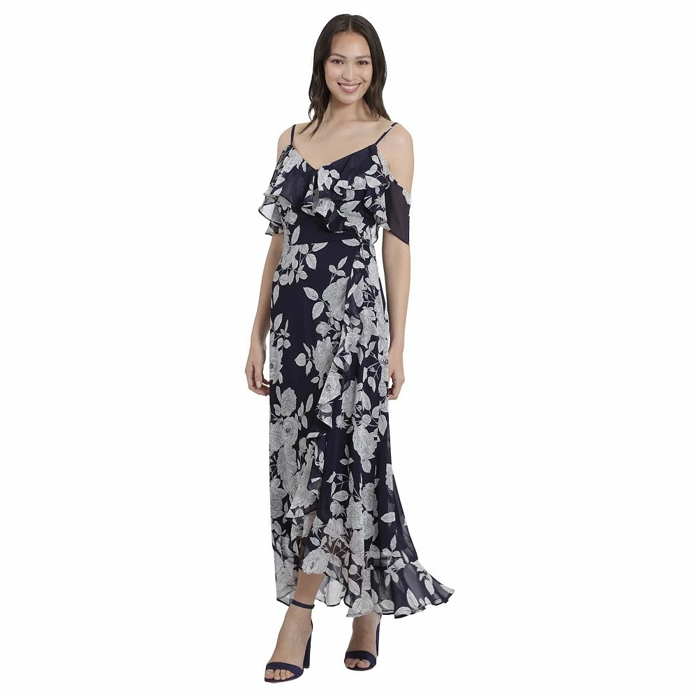Petite London Times Print Cold Shoulder Ruffle Maxi Dress - Image 4