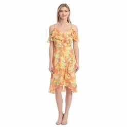 Petite London Times Floral Print Cold Shoulder Wrap Ruffle Dress